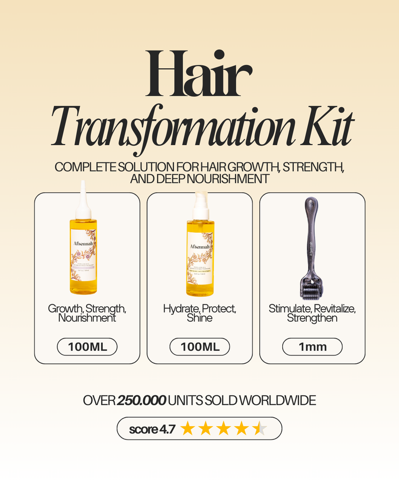The Afsennah Hair Transformation Kit with all three products laid out