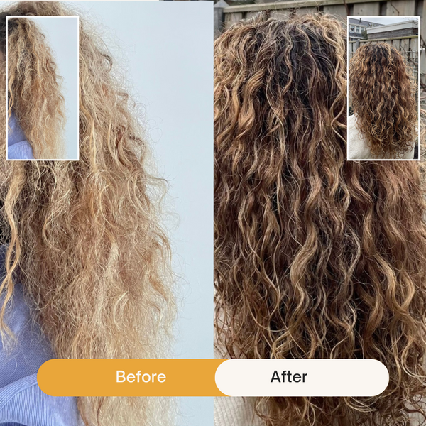 Before and after comparison photos of a customer using the Afsennah hair treatment