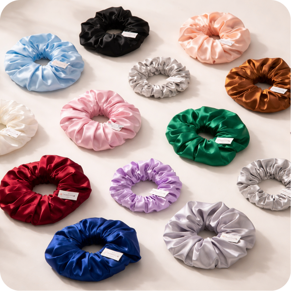 Afsennah mulberry silk scrunchies shown in detail