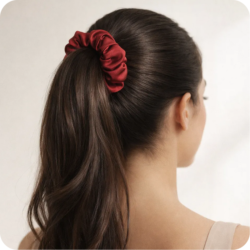 Close-up of the mulberry silk fabric of the Afsennah scrunchie